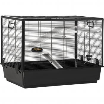 PawHut Jaula Pequeña para Roedores 80x48x58 cm con 2 Puertas 2 Rampas 2 Plataformas Comedero y 2 Asas Portátil Negro