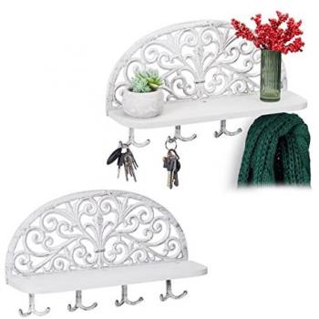 Set de 2 Percheros Pared con Estante, Colgadores de Llaves Antiguos, Hierro Fundido, 23 x 39 x 11,5 cm, Blanco