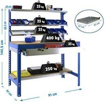 Banco de Trabajo Simonrack BT1 Box 900 Azul/Madera, 1445x910x610 mm, 1 Cajón, Capacidad Carga 400 kg
