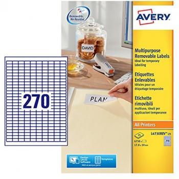 Etiquetas Removibles Avery L4730REV - 25 Hojas A4, 6750 Unidades, 17.8x10 mm, Compatibles con Impresoras Láser