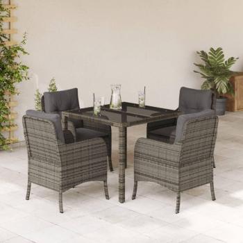 5-Piece Grey Poly Rattan Garden Dining Set with Cushions