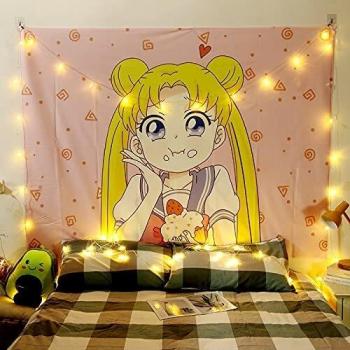 RGFIJP tapizMacrame Anime Tapiz Kawaii Linda Mujer niña Dormitorio decoración Colgante de Pared Tapiz Rosa decoración de la habitación Japonesa