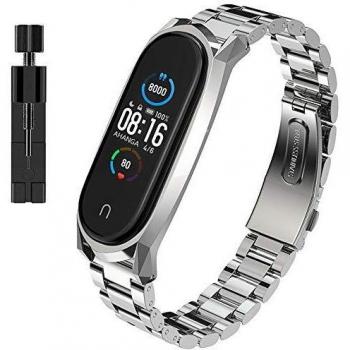 AHANGA Correa para Xiaomi Mi Band 5, Pulseras MiBand 5 Pulsera Metal Correas con Enlaces Herramienta de Eliminación Reloj Wristband Recambio Bandas Acero Inoxidable Reemplazo Strap para Hombres Mujer