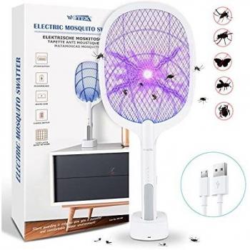 WOTEK Raqueta Mosquitos Eléctrico y Lámpara Antimosquitos 2 en 1, Matamosquitos Eléctrico 3000v, Matamoscas Eléctrico con Base de Carga USB, Adecuado para Lámpara Antimosquitos de Interior y Exterior