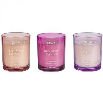 Conjunto de 3 velas perfumadas multicolor 100% cera de soja con mecha de algodón en vidrio, fragancias florales: lavanda/romero, lavanda/geranio, lavanda