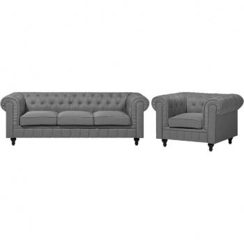 Conjunto de Sofás Chesterfield 3 Plazas y Sillón en Terciopelo Negro con Patas de Madera Oscura