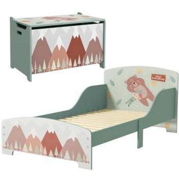 Conjunto Infantil ZONEKIZ Verde con Cama de Madera y Baúl de Almacenamiento 143x77x60 cm, Carga Máx. 40 kg