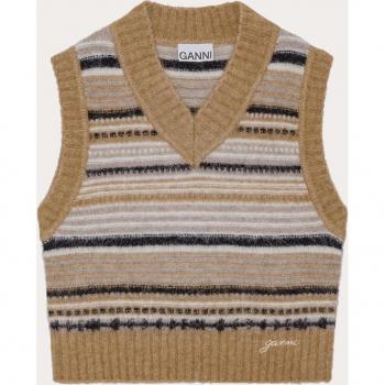 GANNI - Women's Beige V-Neck Sleeveless Knit Sweater with Embroidered Logo, Size L