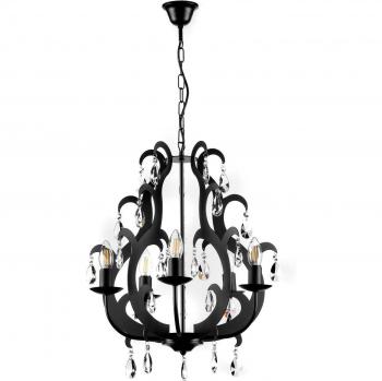Lámpara colgante JANE 5 Luz Metal Negro con estructura de metal negro y cinco luces, diseñada como lámpara de araña, adornada con elementos de cristal