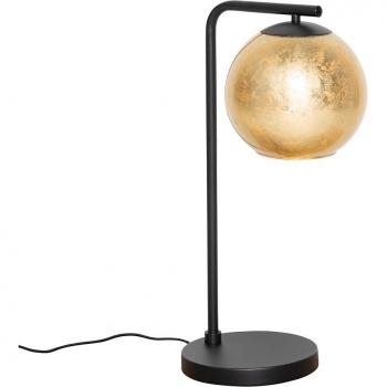 Lámpara de mesa de diseño negra con cristal dorado Bert, características: base negra, pantalla de cristal dorado, estilo moderno y elegante, ideal para decoración interior