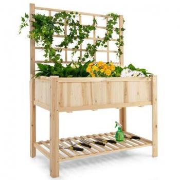 Costway Elevated Wooden Planter Box with Trellis and Open Storage Shelf