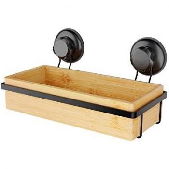 Estante de Baño Compacta con Ventosas de Bambú Natural y Metal, Soporta hasta 12 kg, Color Negro y Marrón, Dimensiones 27,6 x 14,8 x H. 12,7 cm
