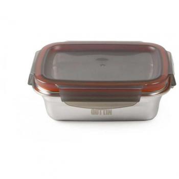 Fiambrera Hermética Quttin Rectangular Plateado Acero Inoxidable con tapa de cierre de clip, práctica división, apto para microondas y horno, 600 ml
