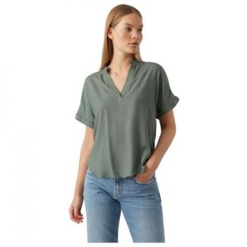 Vero Moda Women's Short Sleeve Casual Blouse with Splitneck and Turned-up Cuffs