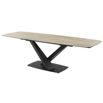 Mesa de comedor extensible para 6 a 10 personas en vidrio templado, cerámica y metal - Natural claro y negro - MALATA