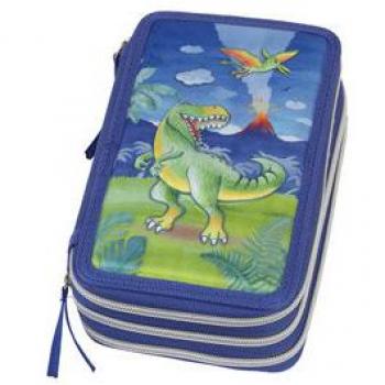 Plumier escolar Faber-Castell triple compartimento dinosaurio con rotuladores y marcadores