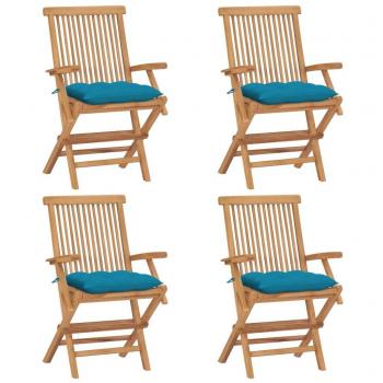Teak Garden Chairs with Light Blue Cushions - Set of 4