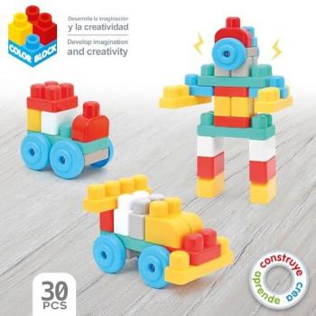 Carretón Bomberos con 30 Bloques Construcción - Trolley Coche Bombero, incluye 30 piezas rígidas de colores en varias formas, diseñado como un juguete didáctico para bebés a partir de 18 meses