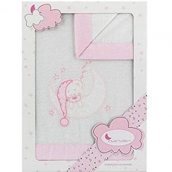 Juego de sábanas de FRANELA para coche de paseoBear Sleeping en blanco y rosa