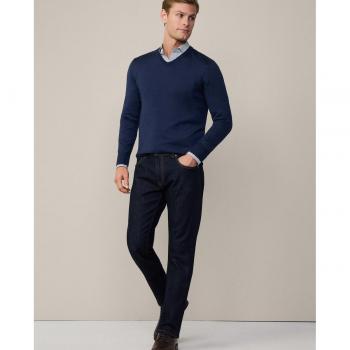 Jersey de Hombre Cuello Pico con Coderas en Merino y Seda, Azul Marino, Tamaño XS