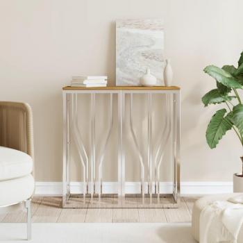 Mesa consola de acero inoxidable y madera maciza reciclada, plateada y dorada, para salón, entrada o recibidor