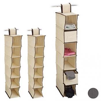 Organizador Colgante Relaxdays de Tela y Cartón, Set de 3, 6 Estantes y 2 Cajones, Tamaño: 82 x 14.5 x 30 cm, Color Beige