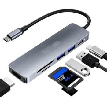 Hub Inteligente Tipo C 7 en 1 con Suministro de Energía, HDMI, 3 USB, SD y Micro SD Q-HU91