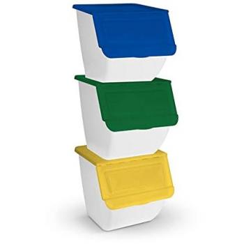 Pack 3 Cubos de Basura de Cocina para Reciclar Apliables - 36L - (Papel - Vidrio - Plástico) (Blanco)
