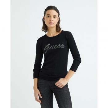 Guess Front Logo Sweater, Long Sleeve Tops, female, Black, Size: XS Crew Neck Sweater
