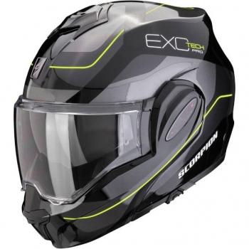 Scorpion Casco Modular EXO-TECH EVO PRO Commuta Negro-Amarillo con características de diseño modular, visera solar integrada, sistema de ventilación avanzado, interior desmontable y lavable, homologación ECE 22.05 y