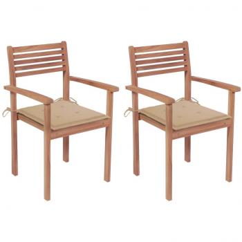 Sillas de jardín 2 uds madera maciza de teca con cojines beige