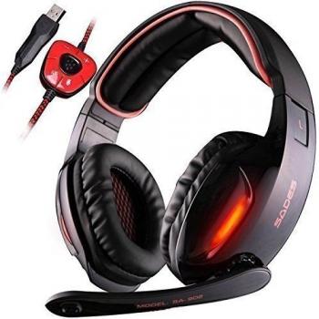 Gaming Headset, Sades SA902 Auriculares gaming de diadema cerrados con micrófono Virtual 7.1 envolvente sonido USB Cancelación De Ruido juego auriculares Para PC