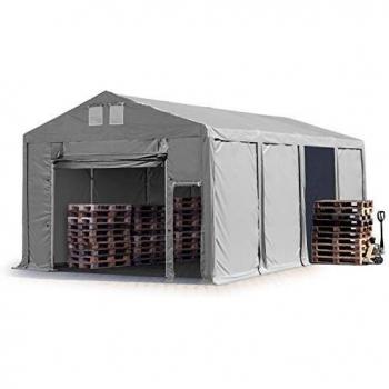 Carpa almacén TOOLPORT 6x8 m, altura lateral 3 m, puerta levadiza, PVC 850, color gris, 100% impermeable