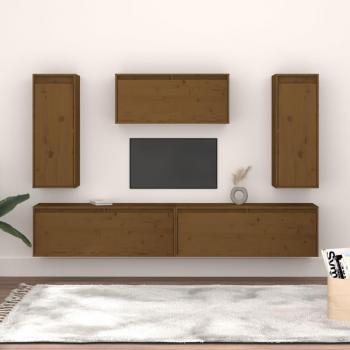 Mueble de TV 5 piezas madera maciza de pino marrón miel