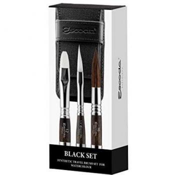 ESCODA Set 3 Pinceles Acuarela - Black Set Viaje N.16,1/4,12 Redondo Punta Espada Carrado Pelo Sintético Serie Versàtil Perla Estuche Tela Profesional Fabricado a Mano en España.