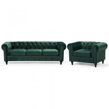 Conjunto de Sofás Chesterfield 3 Plazas + Sillón en Terciopelo Verde con Patas de Madera Oscura