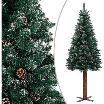 Árbol de Navidad Delgado con Madera Auténtica, Nieve y Piñas PVC 150 cm Verde