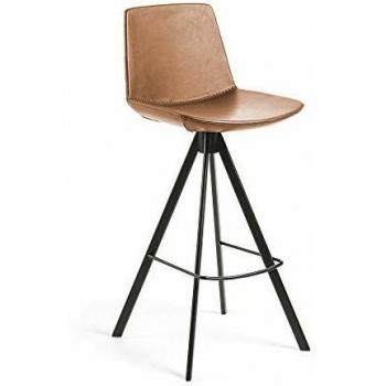Kave Home - Taburete Alto de Bar Zeva marrón Claro 75 cm con Respaldo de Piel sintética y Patas de Acero en Negro