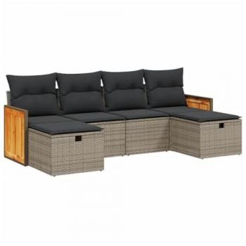 6-Piece Grey Poly Rattan Garden Sofa Set with Cushions