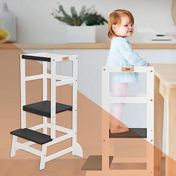 Torre de Aprendizaje Montessori Joyz - Taburete de Ayuda para Cocina Infantil Ajustable en Altura (3 Niveles) - Silla de Madera Blanca y Gris para Niños desde 1 año