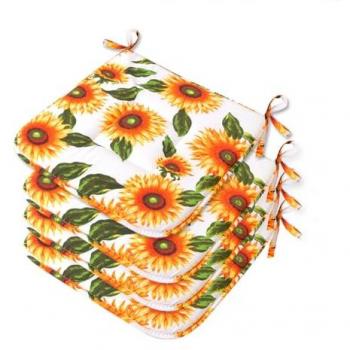 Set de 4 Cojines para Sillas de Cocina de Algodón Lavables, Suaves y Universales con Diseño de Girasoles - Blanco