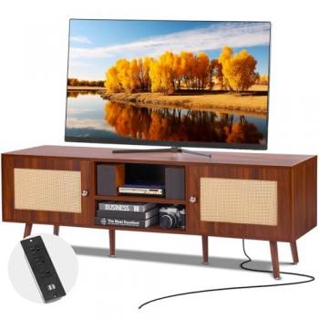 Soporte de TV Moderno de Ratán Bohemio para Pantallas de 65 Pulgadas con Enchufe Integrado y Estantes Ajustables