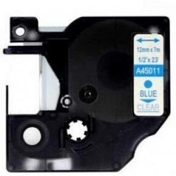 Cinta Rotuladora Genérica Dymo D1 45011, Texto Azul sobre Transparente, Ancho 12mm x Longitud 7m - Sustituto de S0720510