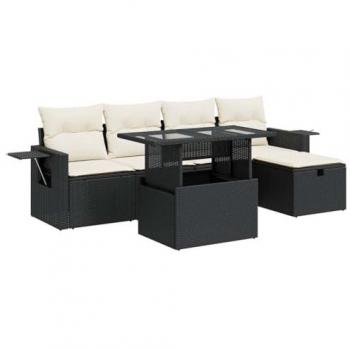 6-Piece Black Poly Rattan Garden Sofa Set with Cushions