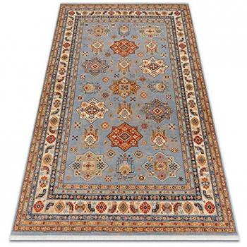 Alfombra Keshan con Flecos, Marco Oriental Beige/Azul Multicolor 300x380 cm