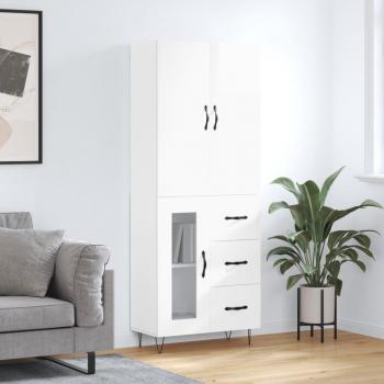 Aparador alto de madera contrachapada con puerta de cristal y 3 cajones, dimensiones 69,5x34x180 cm, mueble de almacenaje para salón en color blanco brillo