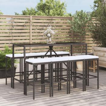 Conjunto de mesa y taburetes altos de jardín 9 piezas con cojines de ratán PE negro