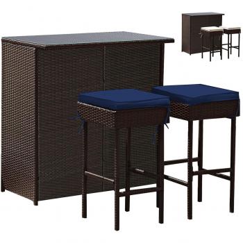 3-Piece Outdoor Rattan Wicker Bar Set with 2 Cushion Stools - Navy/White