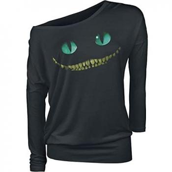 Alicia en el País de Las Maravillas Gato Chesire - Smile Mujer Camiseta Manga Larga Negro 4XL