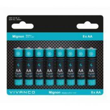 Pack de 8 Pilas Alcalinas AA 1.5V Vivanco - Duración Prolongada, Batería de un solo uso LR06 Alcalino